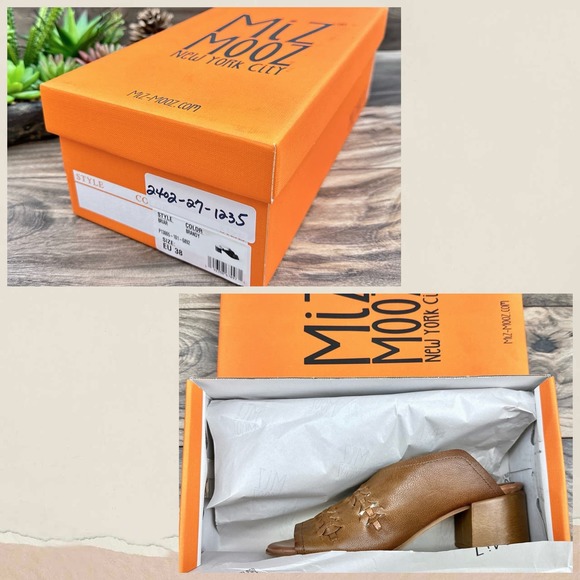 NIB Miz Mooz Briar 38 7.5-8 Whipstitch Leather Heeled Slide Sandal Brandy Brown - Picture 10 of 12